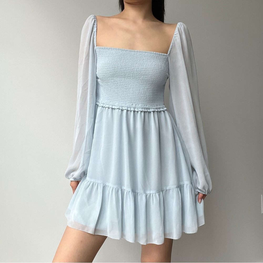 Aritzia Wilfred Baby Blue Tempest Smocked Chiffon Mini Summer Dress